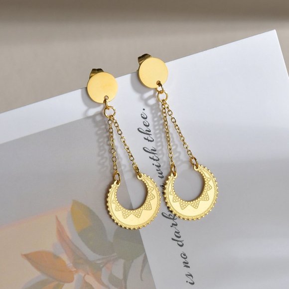 💕Last one Moon and Circle Drop Earrings Crescent - Picture 3 of 4